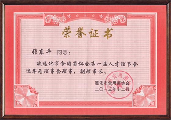 2013年12月遵化市食用菌协会第一届人才理事会副理事长（带镜框）.jpg